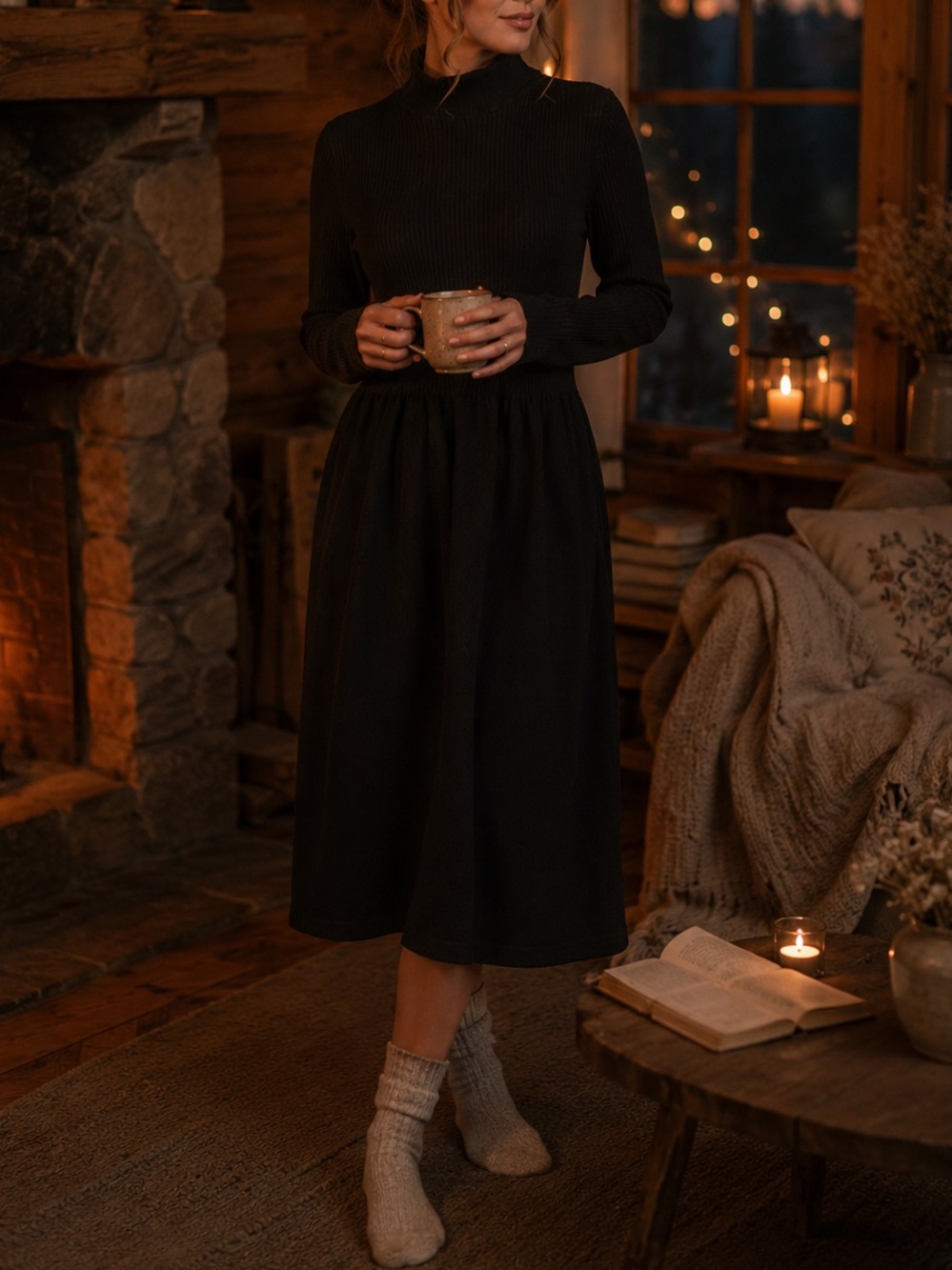 Vintage Inspired Black Ribbed Sweater Dress XS Mock Neck Cottagecore Cabincore